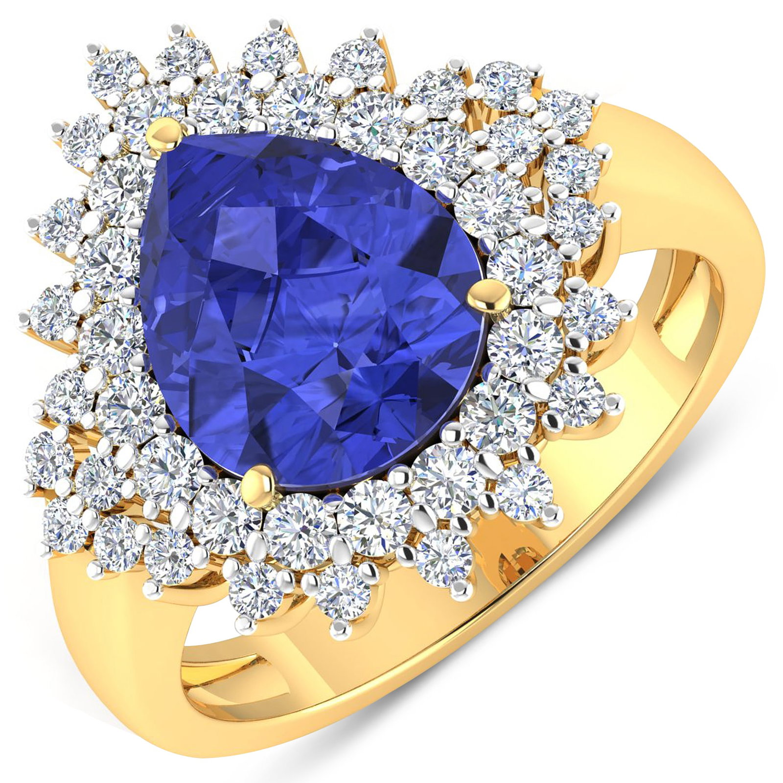 14KT Yellow Gold 2.97ctw Tanzanite and Diamond Ring: Tanzanite (AA+) Pears 11x9mm - 1Pc + White Diamond F/C Round 2.00mm - 18Pcs + White Diamond F/C Round 1.50mm - 25Pcs ( White Pan Rhodium ) ( Diamond Quality : SI-2/HI ) Total weight of gemstone is