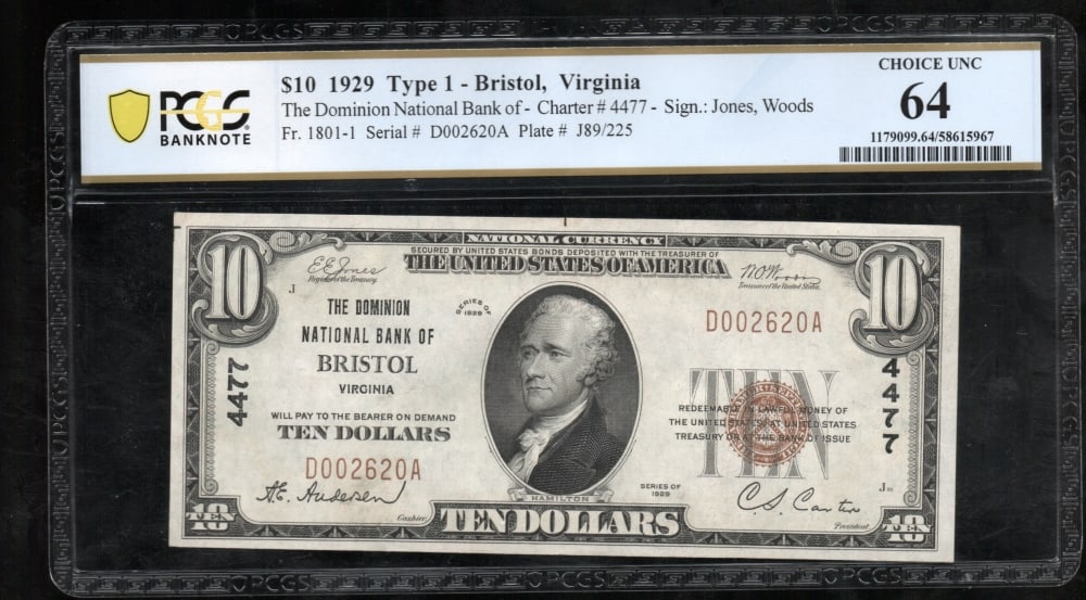 1929 $10 Bristol VA National PCGS 64: One 1929 $10 Bristol VA National PCGS 64.