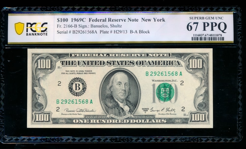 1969C $100 New York FRN PCGS 67PPQ: One 1969C $100 New York FRN PCGS 67PPQ.