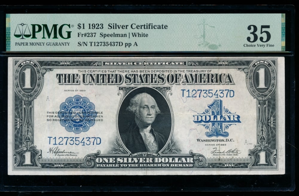 1923 $1 Silver Certificate PMG 35: One 1923 $1 Silver Certificate PMG 35.