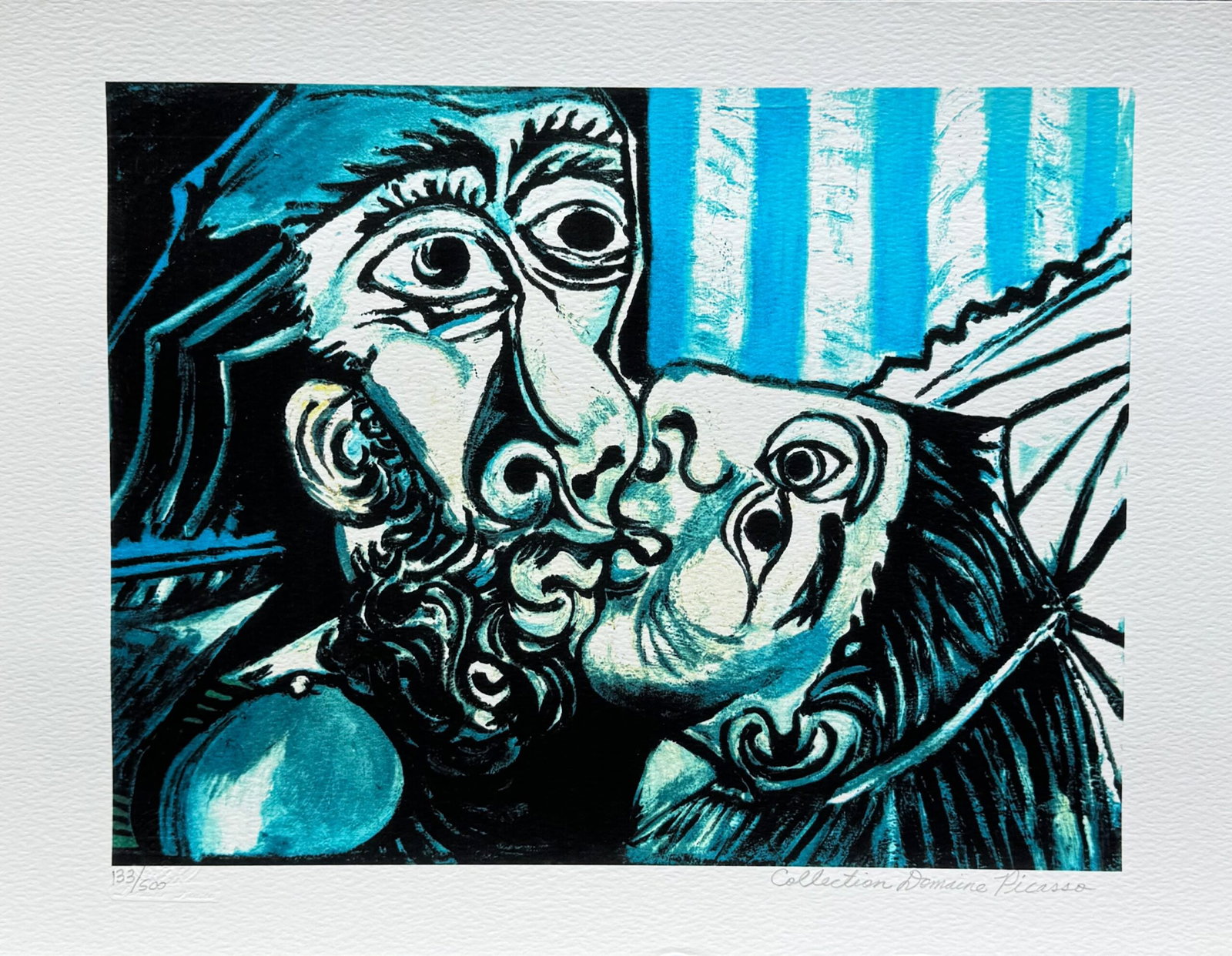 Pablo Picasso THE KISS Estate Signed Limited Edition Giclee: This is a PABLO PICASSO (ESTATE COLLECTION DOMAINE) (1881-1973) giclee titled THE KISS. This piece is hand pencil signed on the lower right as Collection Domaine Picasso and has an embossed seal stamp