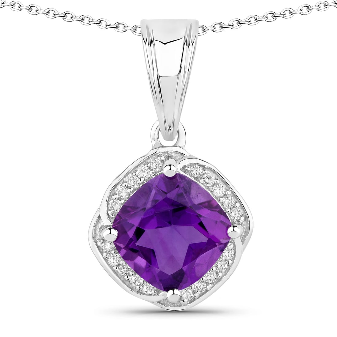 Plated Rhodium 1.80ct Amethyst and Lab Diamond Pendant with Chain: Amethyst Cushion/8.00mm - 1/1.80 ctw Prong Setting Natural Not Treated E + Lab Grown Diamond Round/1.00mm - 20/0.10 ctw