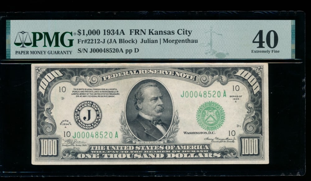 1934A $1000 Kansas City FRN PMG 40: One 1934A $1000 Kansas City FRN PMG 40.