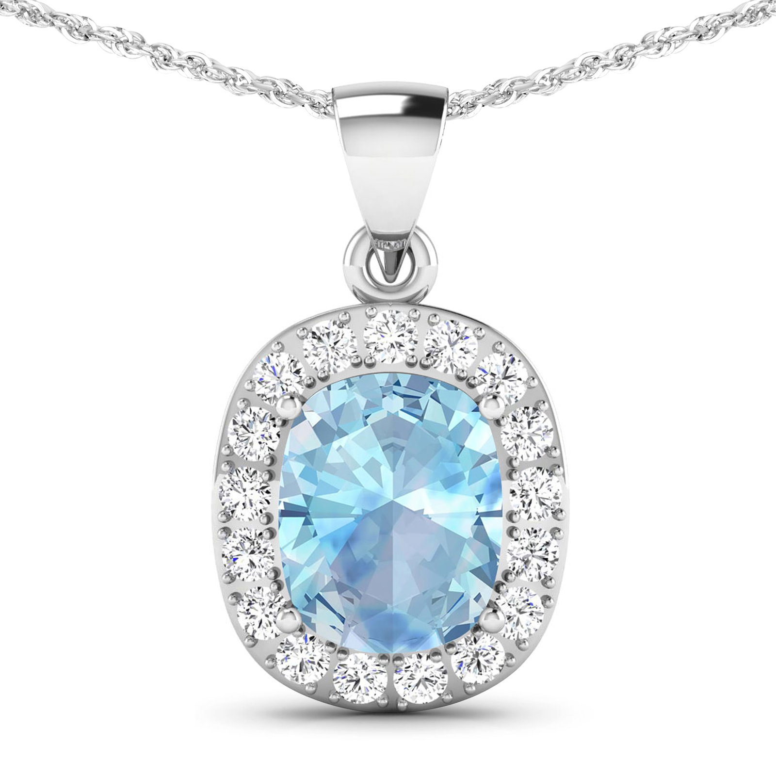 14KT White Gold 3ctw Aquamarine and Diamond Pendant: Aquamarine Cushion 10x8mm - 1Pc + White Diamond F/C Round 2.00mm - 17Pcs ( Diamond Quality : SI-2/HI ) Total weight of gemstone is 3cts. Total Diamond weight is 0.51cts. Total weight of this pendant i