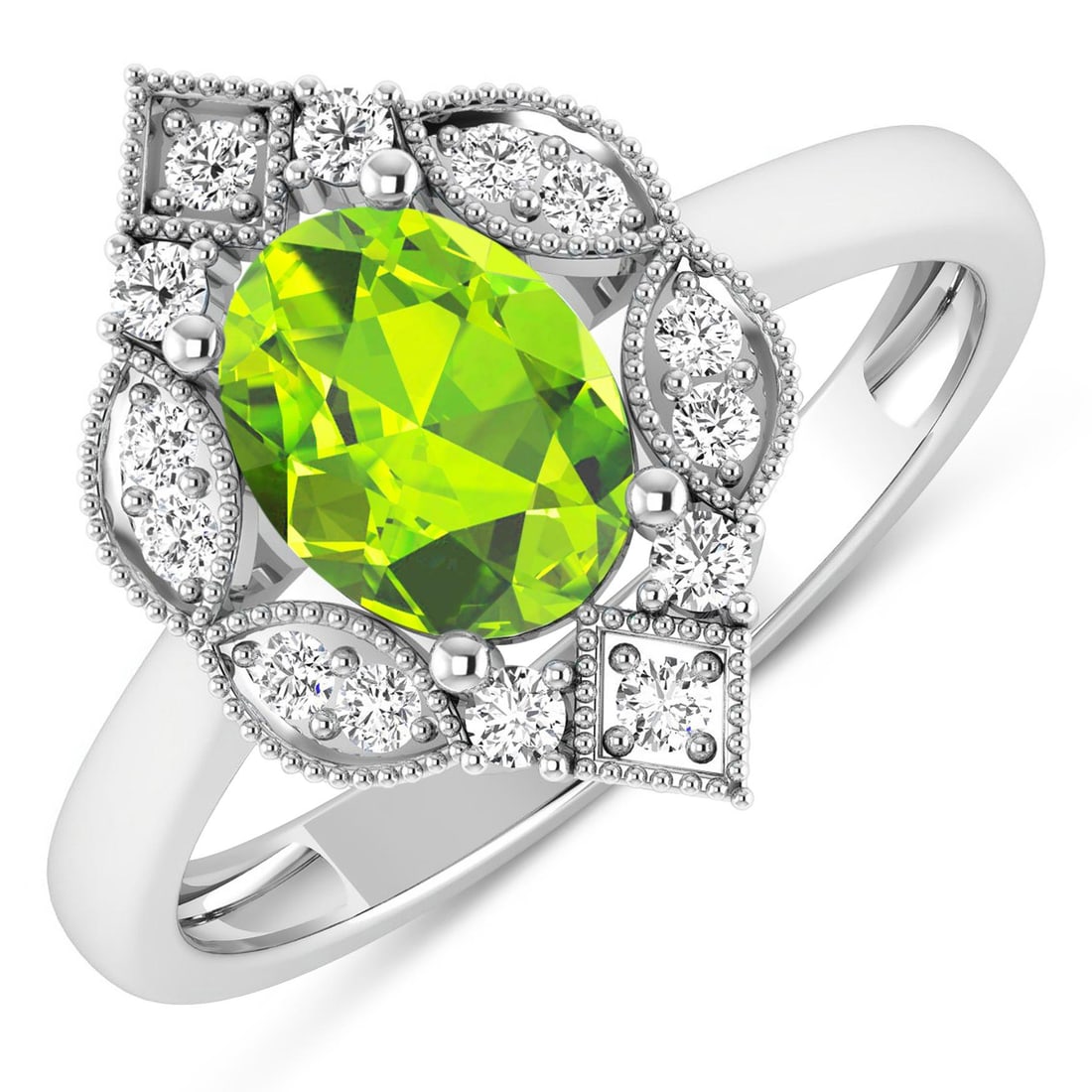 14KT White Gold 1.05ctw Peridot and Diamond Ring: Peridot Oval 8x6mm - 1Pc + White Diamond F/C Round 1.50mm - 14Pcs ( I1-I2/I color ) Total weight of gemstone is 1.05cts. Total Diamond weight is 0.2cts. Total weight of this ring is 2.45 grams. Ring s