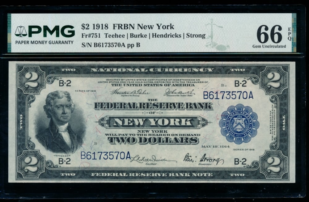 1918 $2 New York FRBN PMG 66EPQ: One 1918 $2 New York FRBN PMG 66EPQ.