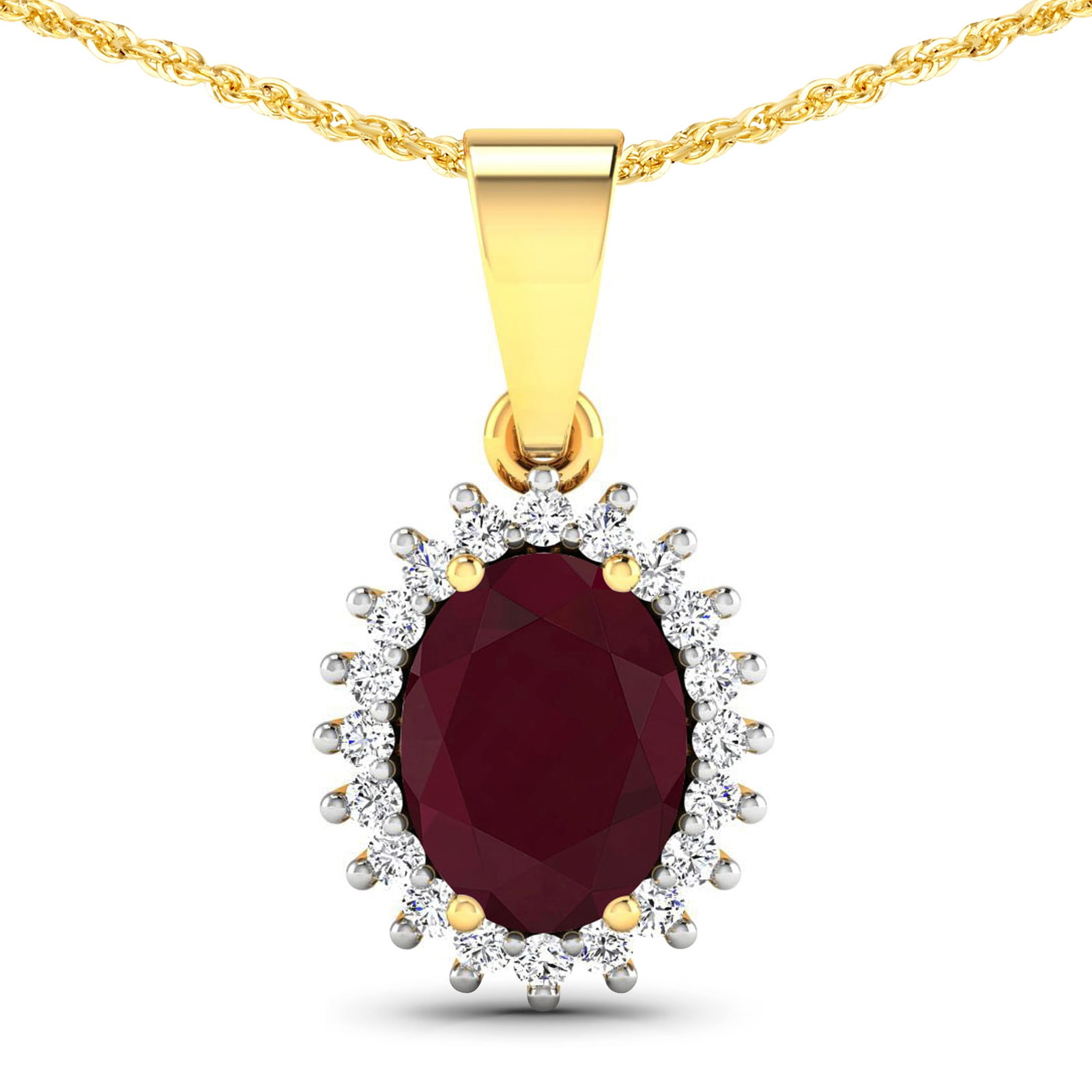 14KT Yellow Gold 1.5ctw Ruby and Diamond Pendant: Ruby (AA) Oval 8x6mm - 1Pc + White Diamond F/C Round 1.10mm - 20Pcs ( White Pan Rhodium ) (I1-I2/I color) Total weight of gemstone is 1.5cts. Total Diamond weight is 0.13cts. Total weight of this pend