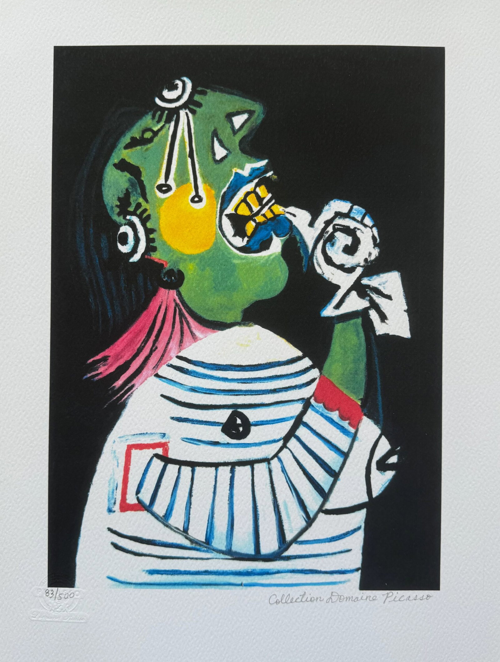 Pablo Picasso WOMAN IN DISTRESS Estate Signed Limited Edition Giclee: This is a PABLO PICASSO (ESTATE COLLECTION DOMAINE) (1881-1973) small giclee titled Woman in Distress. This piece is pencil signed on the lower right as Collection Domaine Picasso and has an embossed 