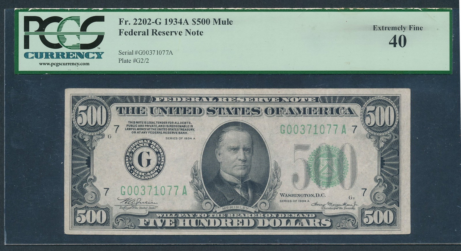1934A $500 Chicago FRN PCGS 40: One 1934A $500 Chicago FRN PCGS 40.