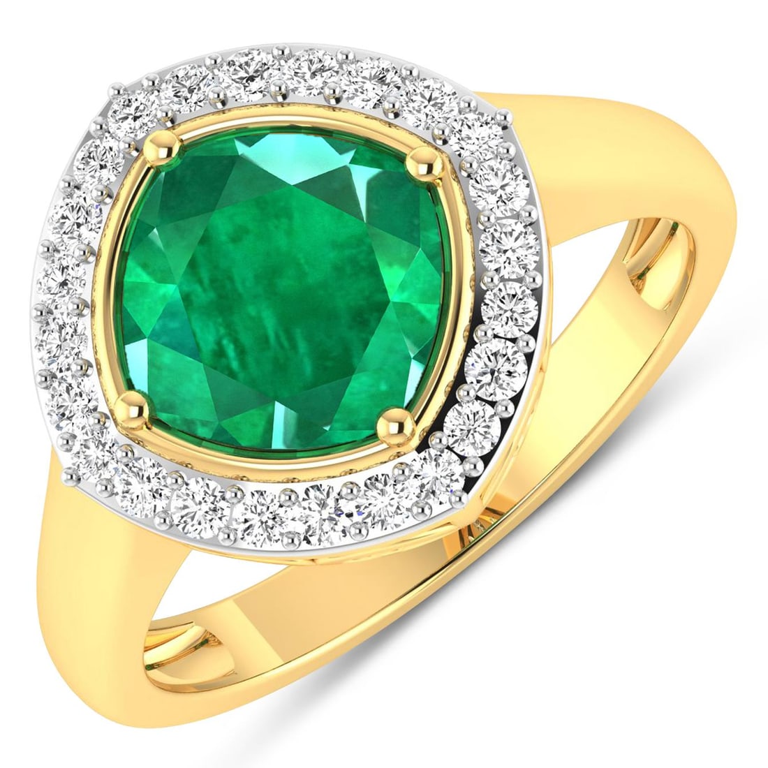 14KT Yellow Gold 2.07ctw Zambian Emerald and Diamond Ring: Zambian Emerald (AA) Cushion 8.00mm - 1Pc + White Diamond F/C Round 1.30mm - 24Pcs ( White Pan Rhodium ) ( SI-2/HI ) Total weight of gemstone is 2.07cts. Total Diamond weight is 0.24cts. Total weight 