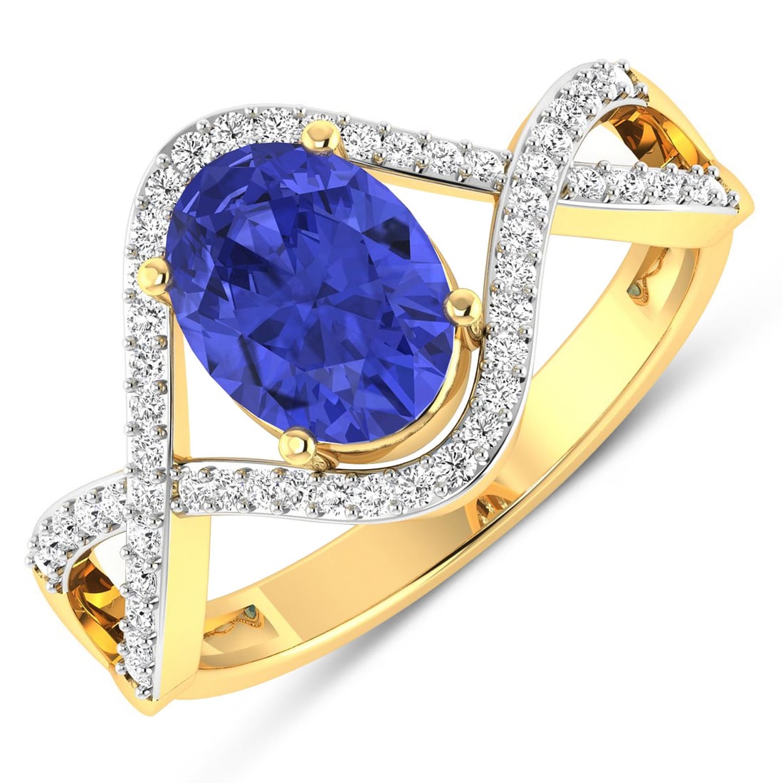 14KT Yellow Gold 1.09ctw Tanzanite and Diamond Ring: Tanzanite (AA+) Oval 8x6mm - 1Pc + White Diamond F/C Round 1.00mm - 52Pcs ( White Pan Rhodium ) ( I1-I2/I color ) Total weight of gemstone is 1.09cts. Total Diamond weight is 0.24cts. Total weight of 