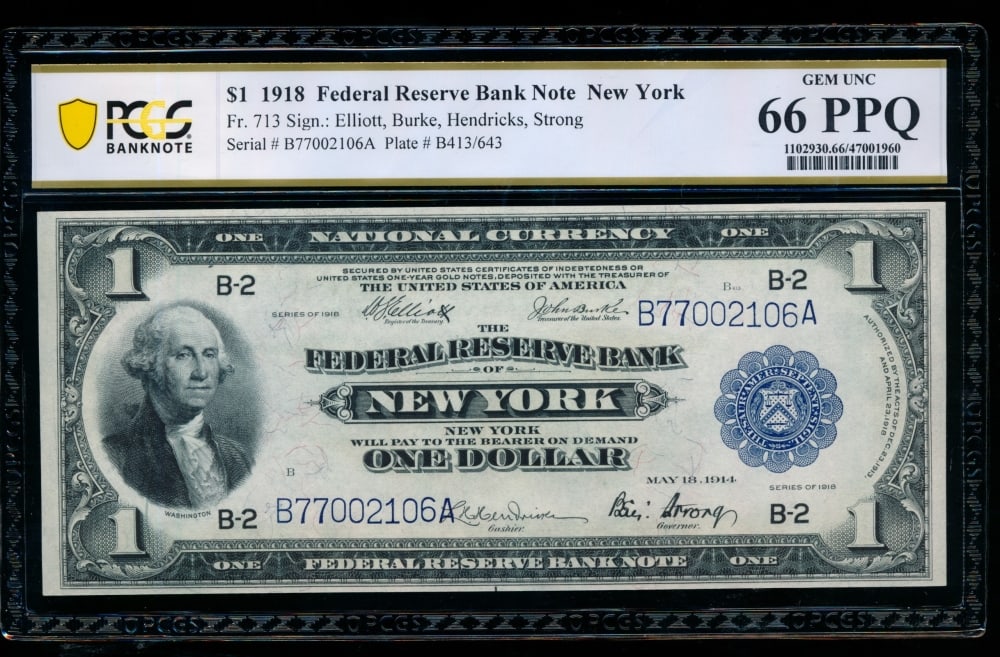 1918 $1 New York FRBN PCGS 66PPQ: One 1918 $1 New York FRBN PCGS 66PPQ.