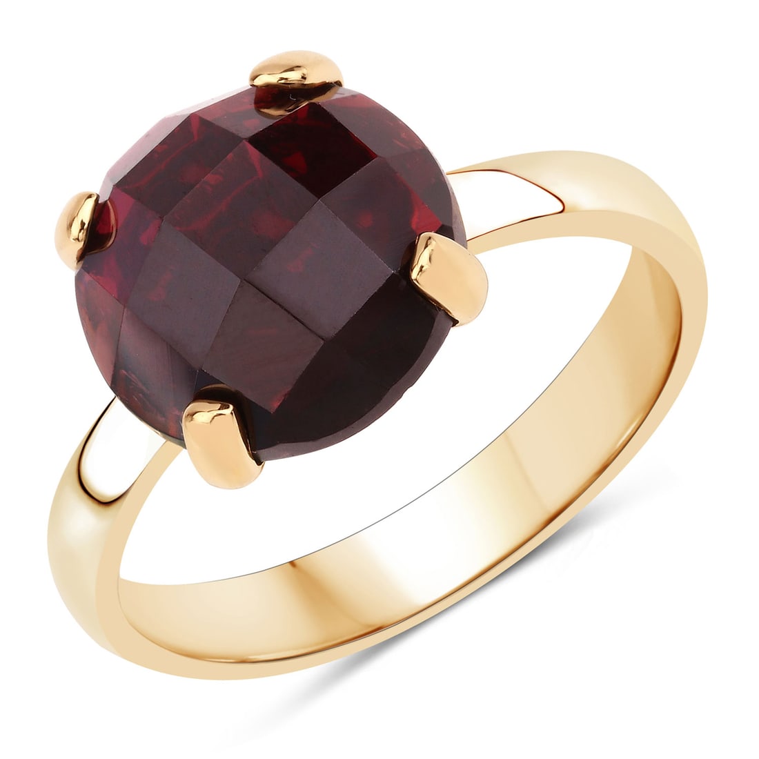 Plated 18KT Yellow Gold 7.38ct Garnet Ring: 7.38 ctw natural, untreated 12 mm round garnet set in rich 18K yellow gold?plated .925 sterling silver, delivering bold color and exceptional presence. With a gross weight of 4.90 grams and a single p