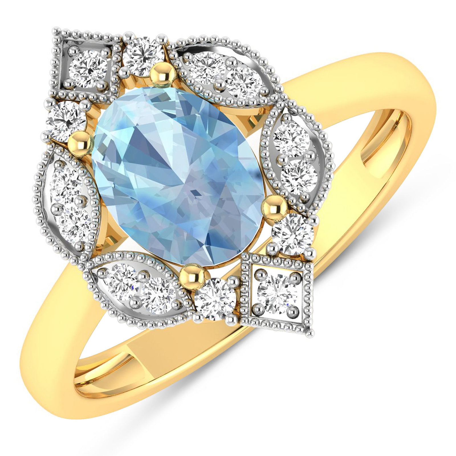 14KT Yellow Gold 0.96ctw Aquamarine and Diamond Ring: Aquamarine (AA+) Oval 8x6mm - 1Pc + White Diamond F/C Round 1.50mm - 14Pcs ( White Pan Rhodium ) ( I1-I2/I color ) Total weight of gemstone is 0.96cts. Total Diamond weight is 0.2cts. Total weight of 