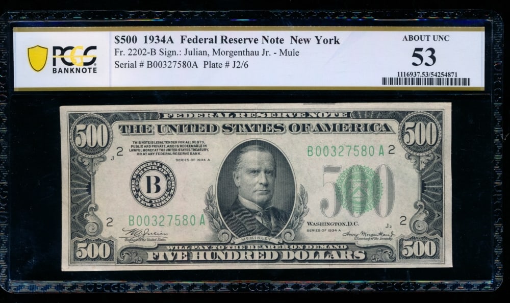 1934A $500 New York FRN PCGS 53: One 1934A $500 New York FRN PCGS 53.