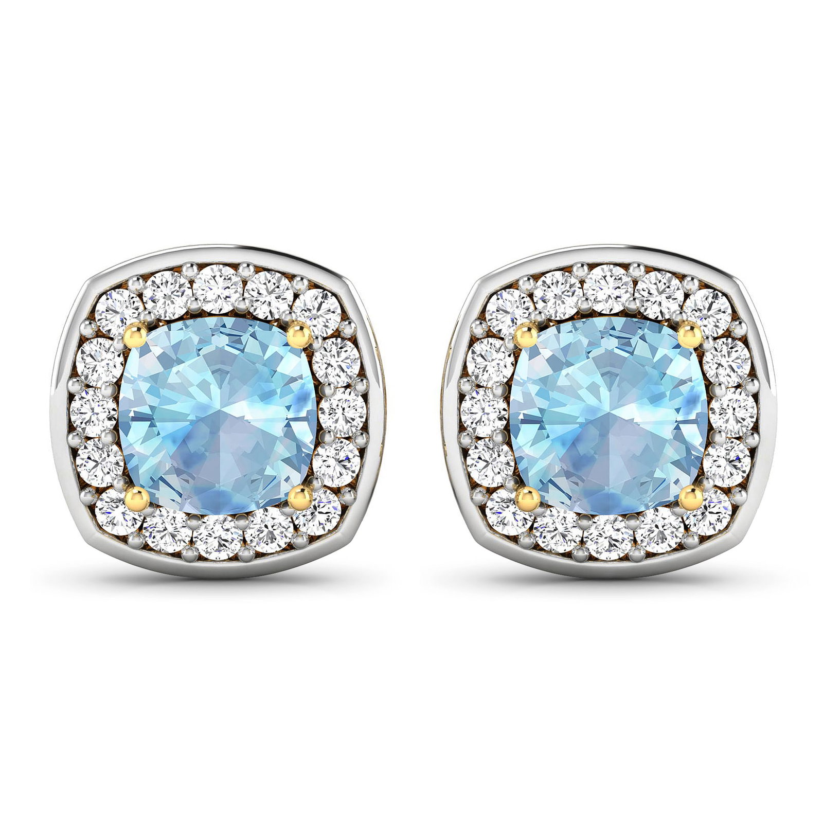 14KT Yellow Gold 1.5ctw Aquamarine and Diamond Earrings: Aquamarine Cushion 6.00mm - 2Pcs + White Diamond F/C Round 1.50mm - 32Pcs ( Diamond Quality : SI-2/HI ) ( Push Post ) Total weight of gemstones is 1.5cts. Total Diamond weight is 0.44cts. Total weight
