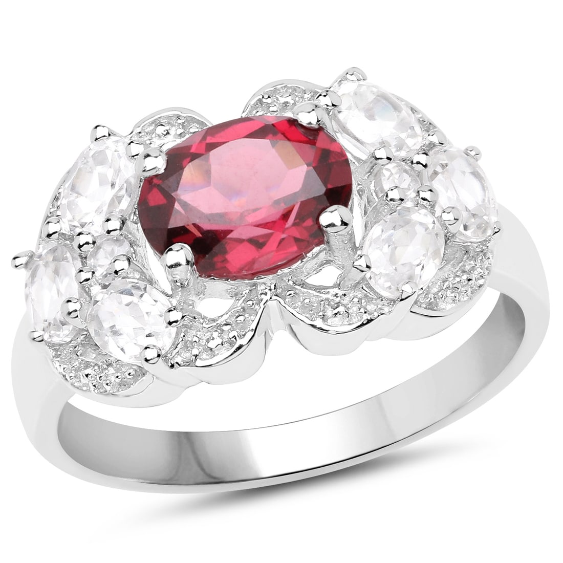 Sterling Silver 3.16ct Rhodolite and White Zircon Ring: .925 sterling silver cocktail ring delivers striking presence with a gross weight of 4.34 grams and a total gemstone weight of 3.16 carats. At its center sits a natural, untreated 8?6 mm oval rhodolit