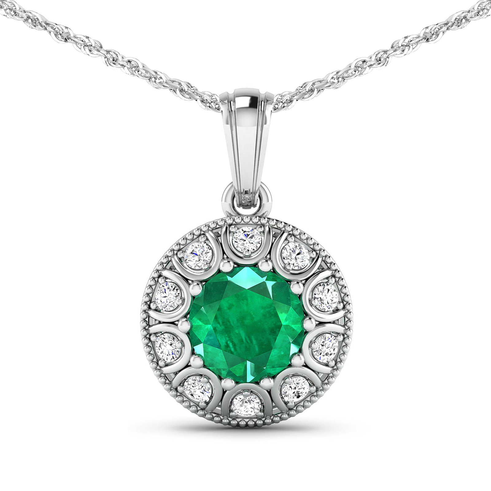 14KT White Gold 1.8ctw Zambian Emerald and Diamond Pendant: Zambian Emerald (AA) Round 8.00mm - 1Pc + White Diamond F/C Round 2.00mm - 10Pcs ( SI-2/HI ) Total weight of gemstone is 1.8cts. Total Diamond weight is 0.3cts. Total weight of this pendant is 2.67 gr