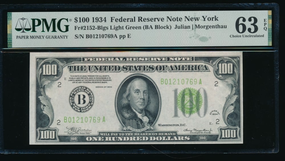 1934 $100 New York FRN PMG 63EPQ: One 1934 $100 New York FRN PMG 63EPQ.