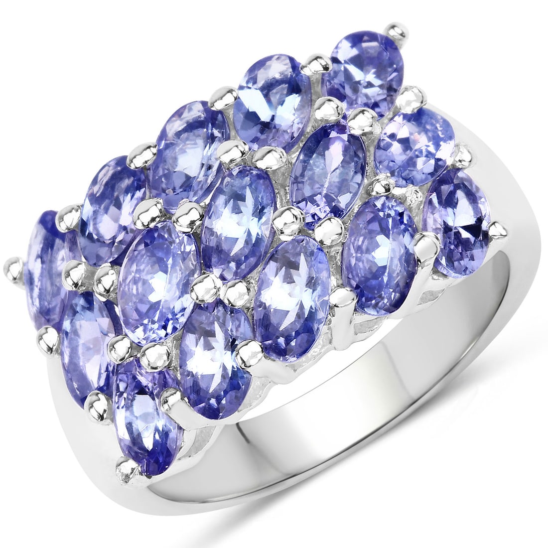 Rhodium Plated 3.75ctw Tanzanite Ring: Fifteen 5×3?mm oval tanzanites (3.60?ctw) forms this rhodium?plated .925 sterling silver cluster ring, totaling 3.60?ctw across 15 stones. The piece measures 5.33?mm high, 18.54?mm wide, and 11.1