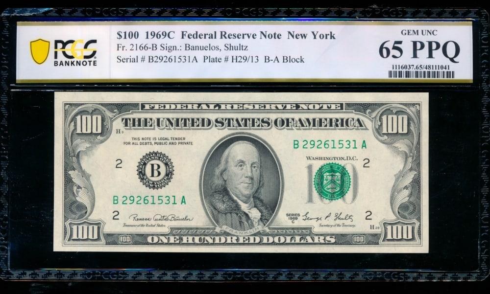 1969C $100 New York FRN PCGS 65PPQ: One 1969C $100 New York FRN PCGS 65PPQ.