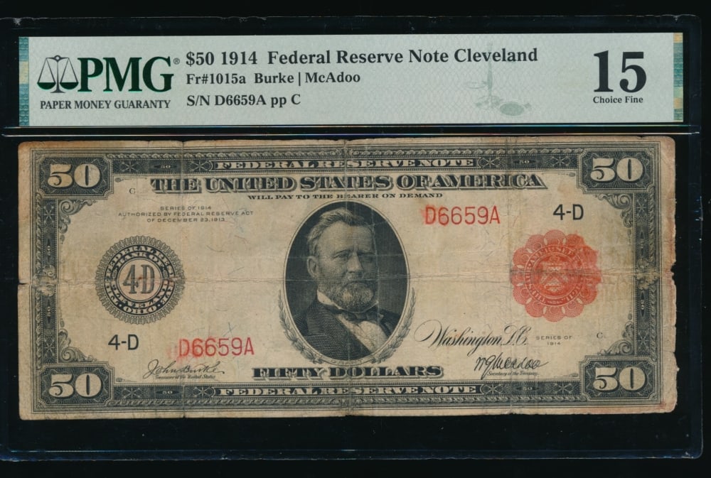 1914 $50 Red Seal FRN PMG 15: One 1914 $50 Red Seal FRN PMG 15.