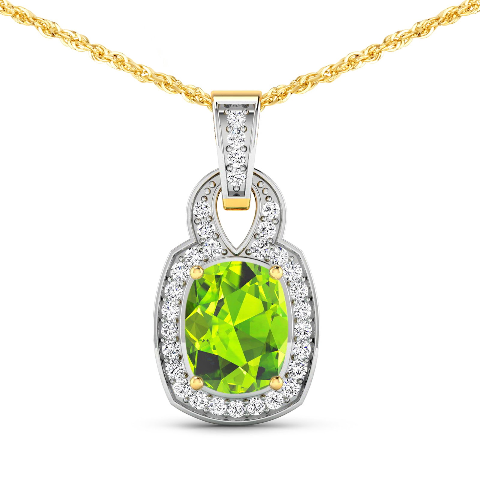 14KT Yellow Gold 2ctw Peridot and Diamond Pendant: Peridot Cushion 9x7mm - 1Pc + White Diamond F/C Round 1.20mm - 31Pcs ( White Pan Rhodium ) ( SI2/HI color ) Total weight of gemstone is 2cts. Total Diamond weight is 0.25cts. Total weight of this pend