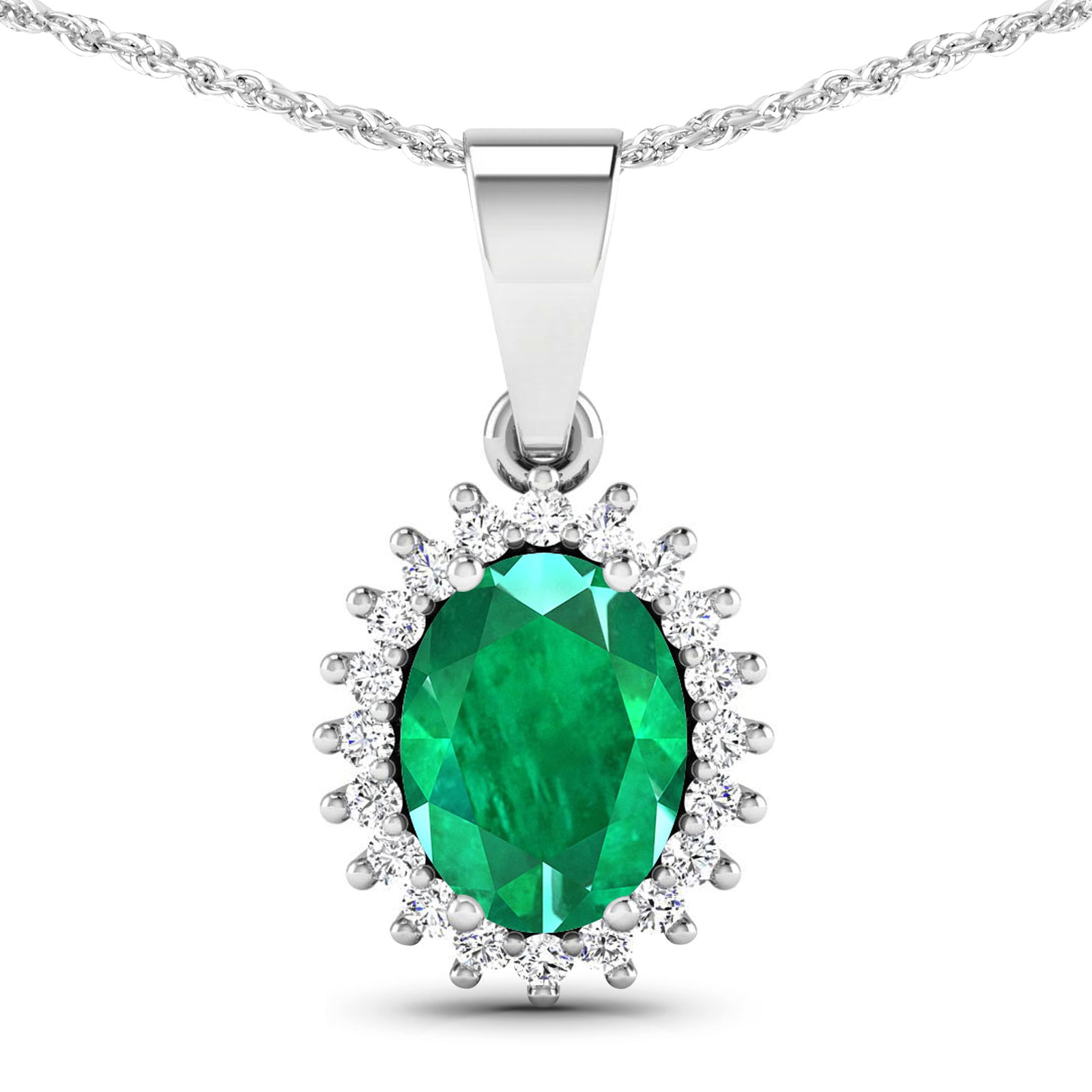 14KT White Gold 1.1ctw Zambian Emerald and Diamond Pendant: Zambian Emerald (AA) Oval 8x6mm - 1Pc + White Diamond F/C Round 1.10mm - 20Pcs (I1-I2/I color) Total weight of gemstone is 1.1cts. Total Diamond weight is 0.13cts. Total weight of this pendant is 1.68