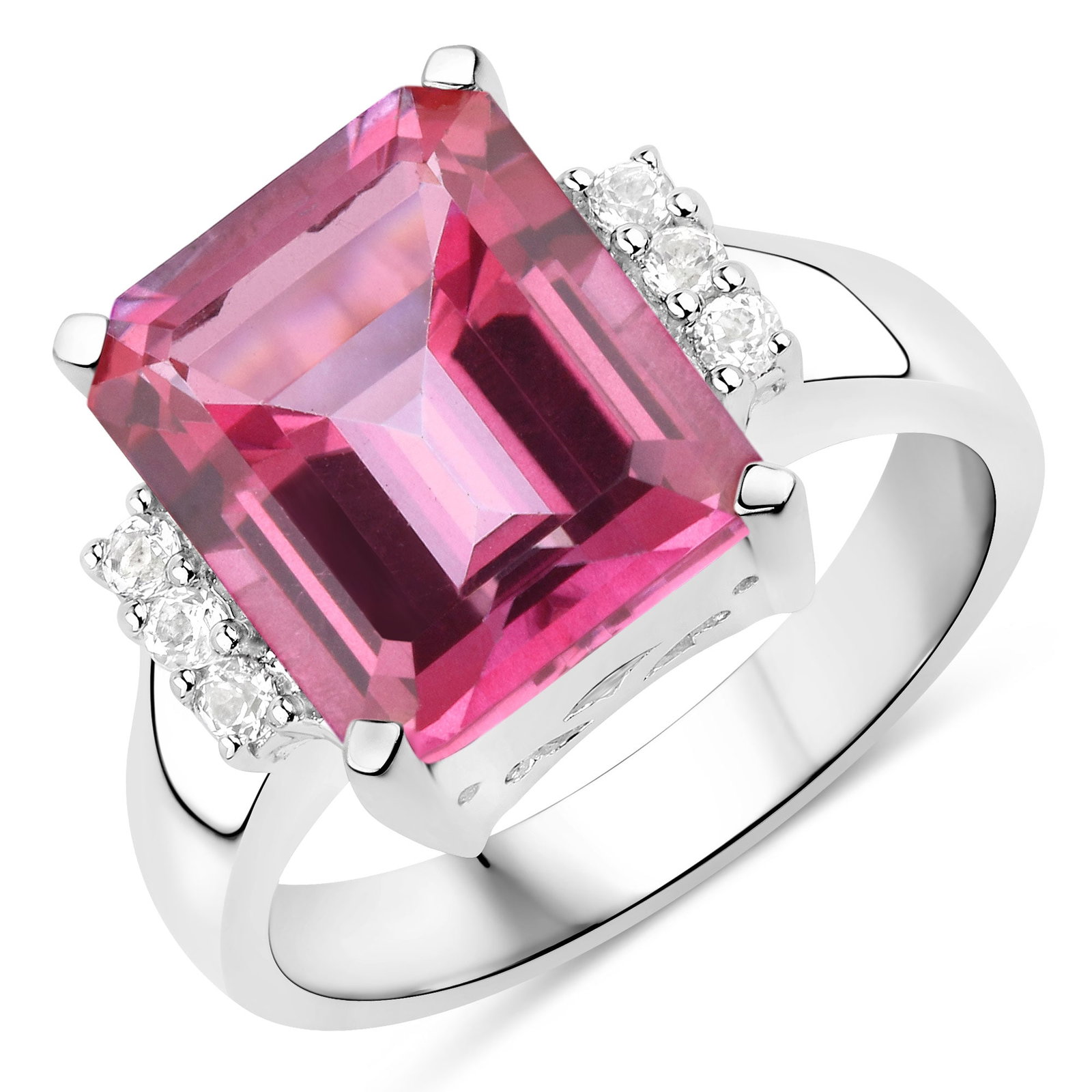 Plated Rhodium 7.39ctw Pink and White Topaz Ring: This rhodium?plated .925 sterling silver bridge ring showcases a bold 7.39 ctw of gemstones, led by a single 12?10 mm octagon?cut pink topaz weighing an impressive 7.20 ctw. Six 1.80 mm natural white 