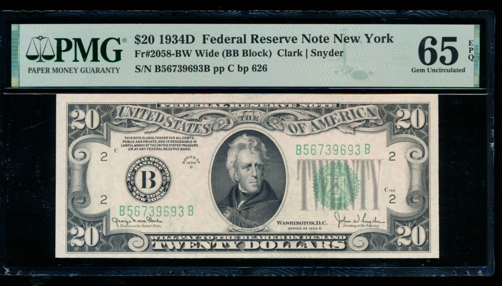 1934D $20 New York FRN PMG 65EPQ: One 1934D $20 New York FRN PMG 65EPQ.