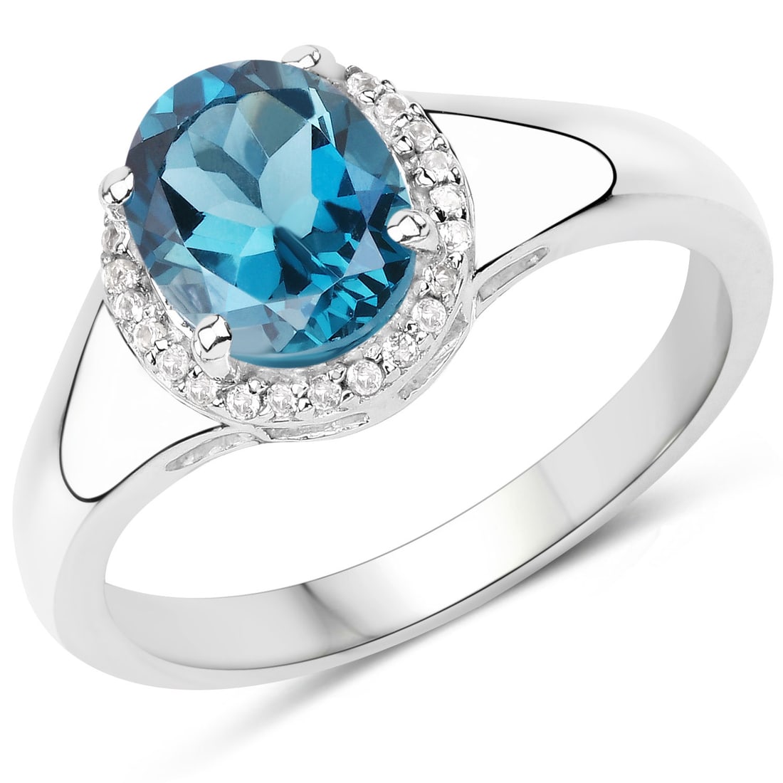 Plated Rhodium 2.13ctw London Blue Topaz Ring: This rhodium?plated .925 sterling silver solitaire ring features a striking 9?7?mm natural London blue topaz weighing 2.25 carats, accented by twenty?six round 1?mm natural white topaz stones totaling