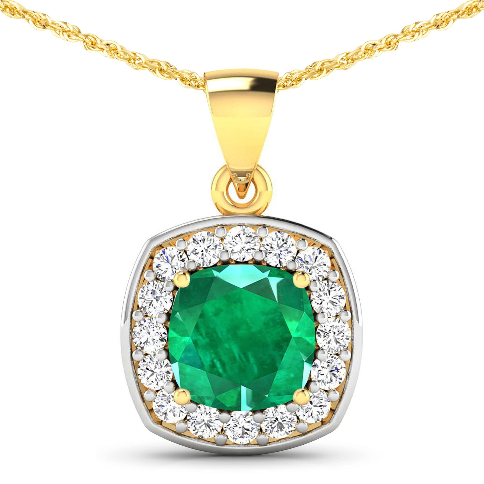 14KT Yellow Gold 2.00ct Zambian Emerald and Diamond Pendant with Chain: 1 Zambian Emerald with a total weight of 2.00cts. Zambian Emerald (AA) Cushion 8.00mm - 1Pc + White Diamond F/C Round 2.00mm - 16Pcs ( Diamond Quality : SI-2/HI ). Diamonds with a total weight of 0.48