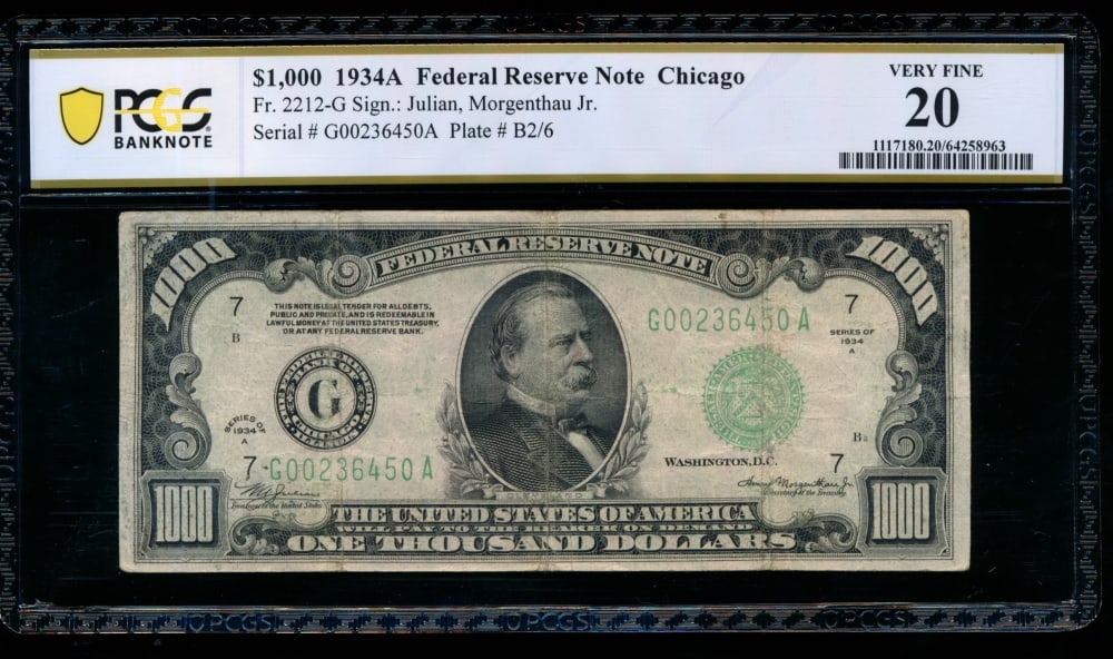 1934A $1000 Chicago FRN PCGS 20: One 1934A $1000 Chicago FRN PCGS 20.