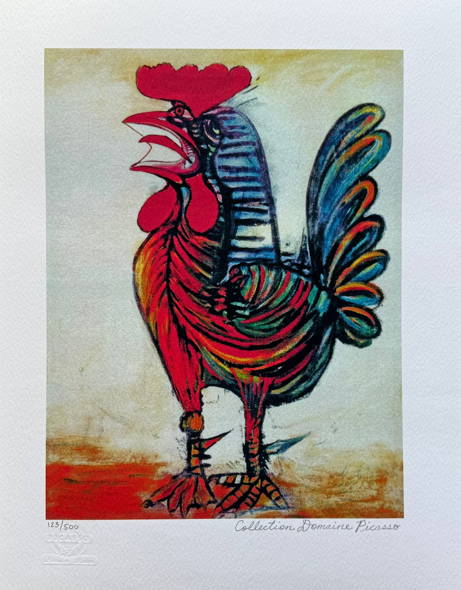 Pablo Picasso ROOSTER LE COQ Estate Signed Limited Edition Giclee: This is a PABLO PICASSO (ESTATE COLLECTION DOMAINE) (1881-1973) giclee titled THE ROOSTER. This piece is pencil signed on the lower right as Collection Domaine Picasso and has an embossed seal stamped