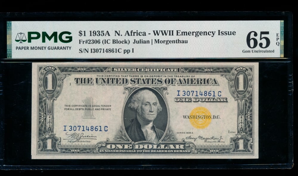 1935A $1 N Africa Silver Certificate PMG 65EPQ: One 1935A $1 N Africa Silver Certificate PMG 65EPQ.