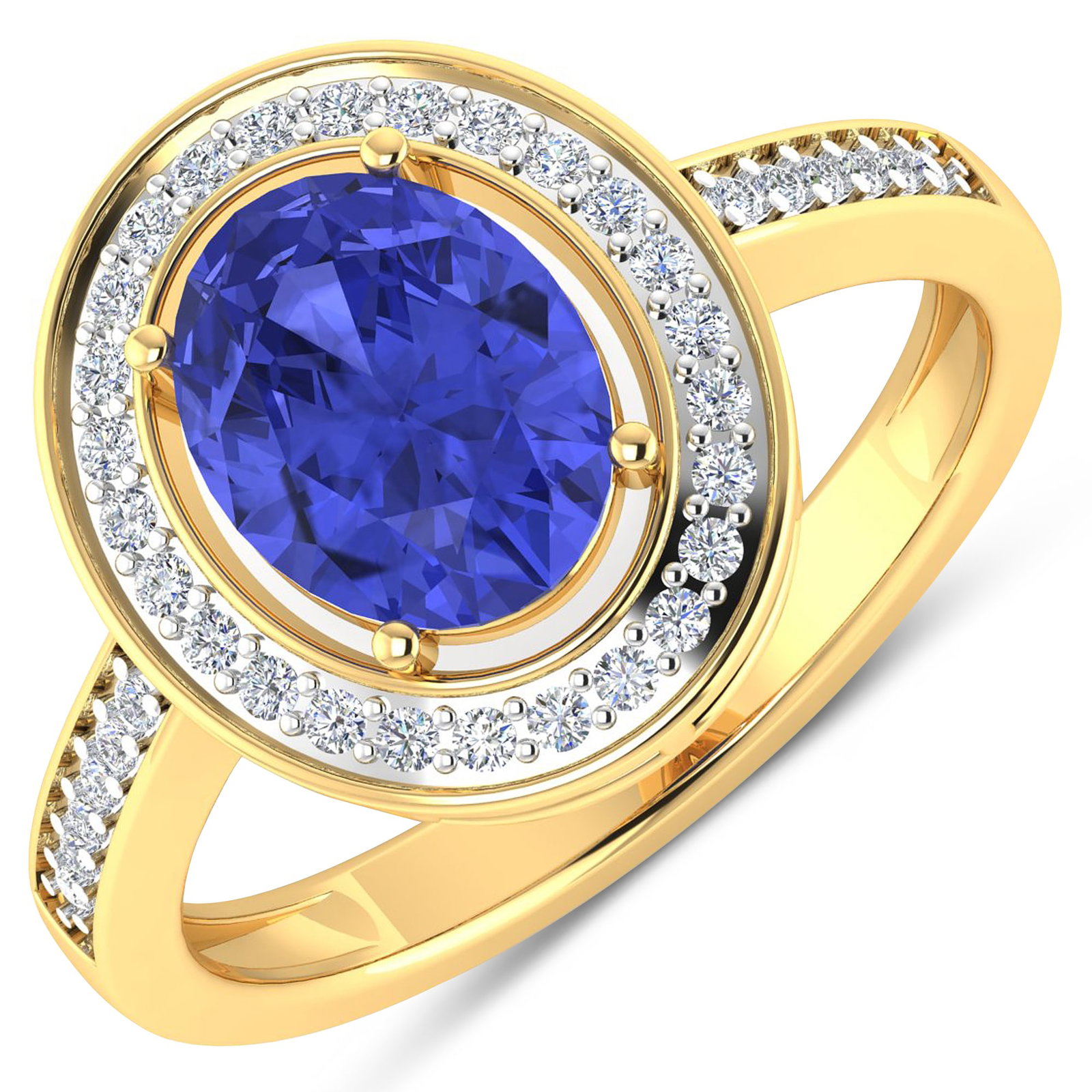 14KT Yellow Gold 1.41ctw Tanzanite and Diamond Ring: Tanzanite (AA+) Oval 9x7mm - 1Pc + White Diamond F/C Round 1.10mm - 26Pcs + White Diamond F/C Round 1.00mm - 12Pcs ( White Pan Rhodium ) (I1-I2/I color) Total weight of gemstone is 1.41cts. Total Diam