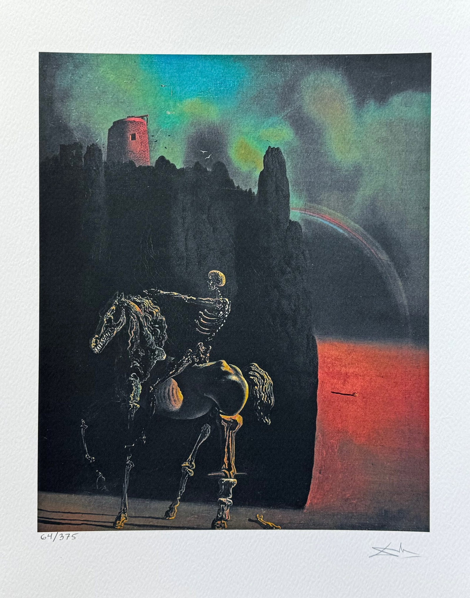Salvador Dali HORSEMAN OF DEATH Facsimile Signed Limited Edition Giclee: This is a limited edition giclee titled HORSEMAN OF DEATH by Salvador Dali. This piece is facsimile signed on the lower right. Pencil numbered from an edition of 375. Paper measures 16 inches x 12 inc