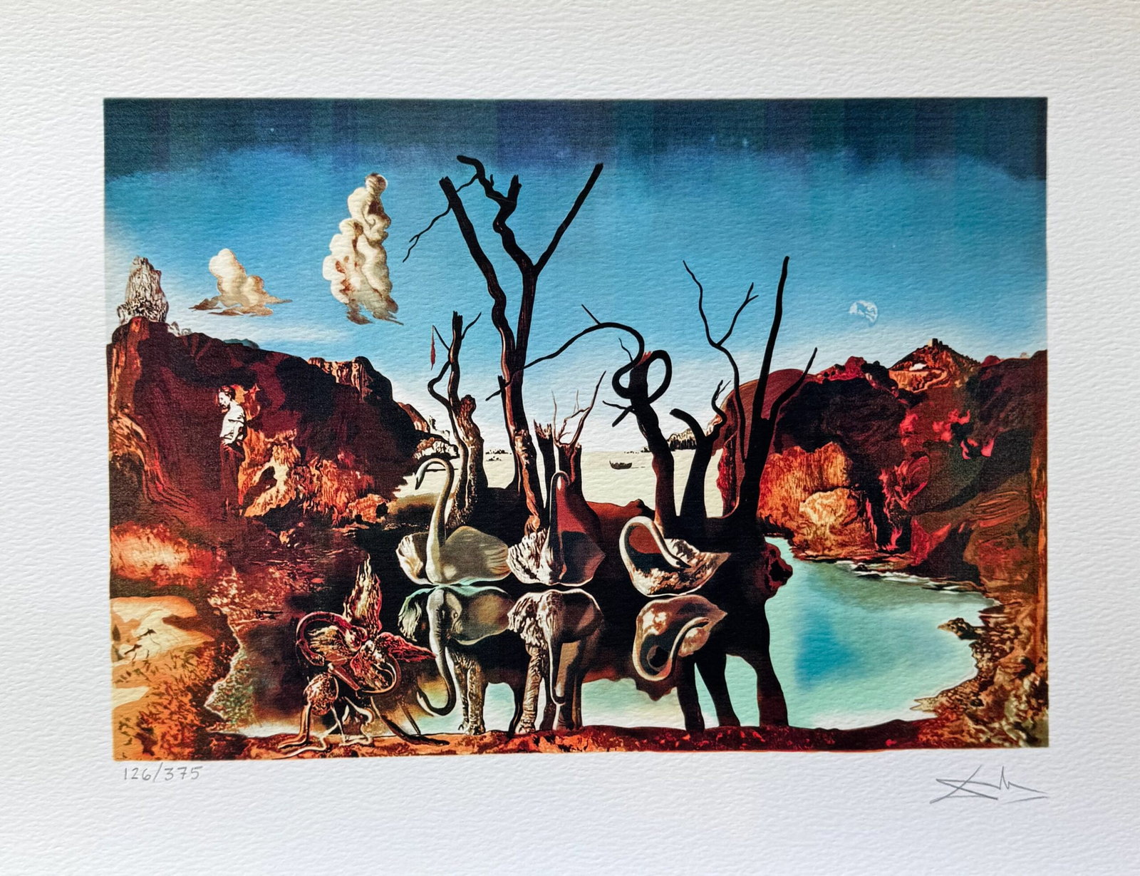 Salvador Dali SWANS REFLECTING ELEPHANTS Facsimile Signed & Numbered Giclee: This is a limited edition giclee titled SWANS REFLECTING ELEPHANTS by Salvador Dali. This piece is facsimile signed on the lower right. Pencil numbered from an edition of 375. Paper measures 12 inches