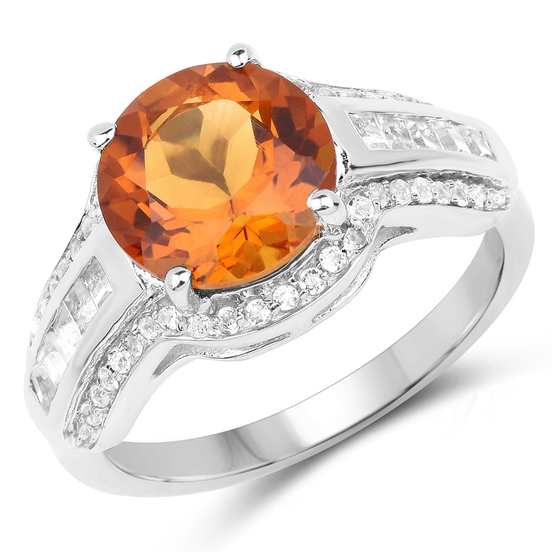 Rhodium Plated 2.81ctw Citrine and White Topaz Ring: 9?mm round citrine (2.20?ctw) centers this rhodium?plated .925 sterling silver solitaire ring, accented by forty?two 1?mm round white topaz stones (0.21?ctw) and ten 2?1.5?mm baguette white topaz ston