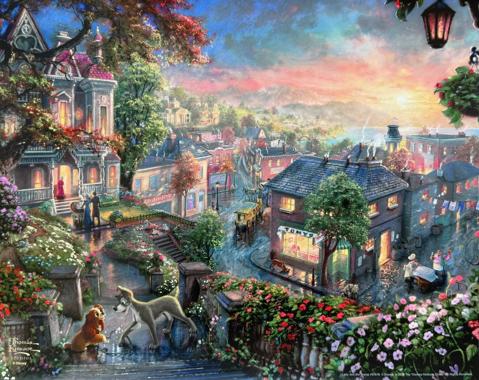 Thomas Kinkade Disney LADY AND THE TRAMP Lithograph: This print is from Thomas Kinkade Studios titled Lady and the Tramp. Measures 11 inches x 14. Comes unsigned, bears a Thomas Kinkade Studios seal. Published in 2019 under license. Comes with a publish
