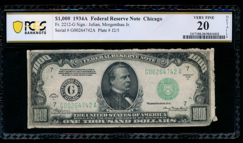 1934A $1000 Chicago FRN PCGS 20: One 1934A $1000 Chicago FRN PCGS 20.