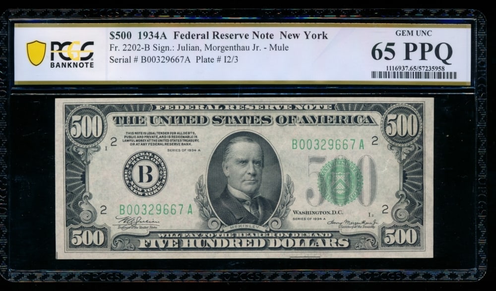 1934A $500 New York FRN PCGS 65PPQ: One 1934A $500 New York FRN PCGS 65PPQ.