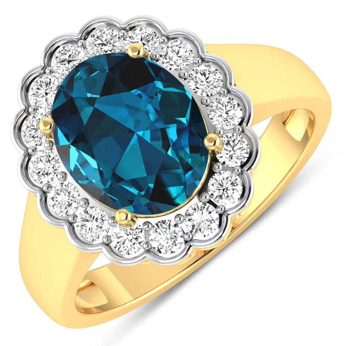 14KT Yellow Gold 2.7ctw London Blue Topaz and Diamond Ring: London Blue Topaz Oval 10x8mm - 1Pc + White Diamond F/C Round 2.00mm - 16Pcs ( White Pan Rhodium ) ( SI-2/HI ) Total weight of gemstone is 2.7cts. Total Diamond weight is 0.48cts. Total weight of this