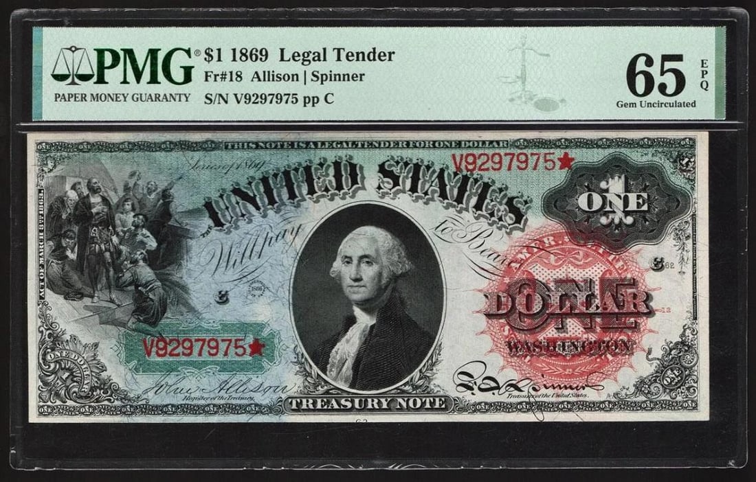 1869 $1 Rainbow Legal Tender Note PMG 65EPQ (1 of 2)