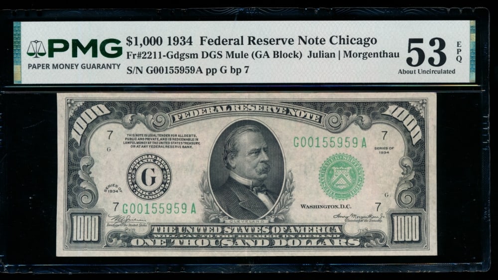 1934 $1000 Chicago FRN PMG 53EPQ: One 1934 $1000 Chicago FRN PMG 53EPQ.