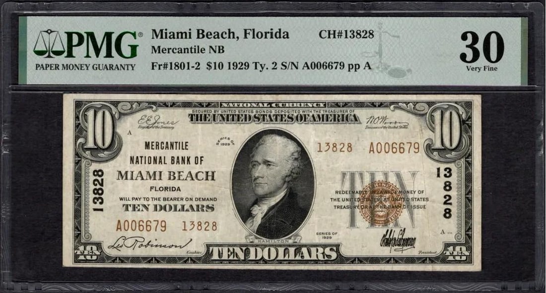 1929 $10 Miami Beach FL National PMG 30 (1 of 2)