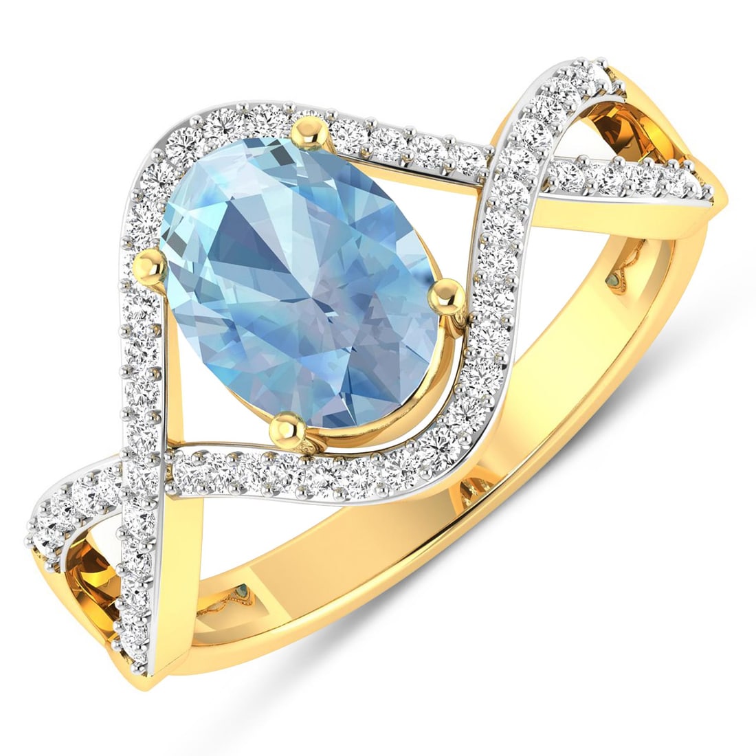14KT Yellow Gold 0.96ctw Aquamarine and Diamond Ring: Aquamarine (AA+) Oval 8x6mm - 1Pc + White Diamond F/C Round 1.00mm - 52Pcs ( White Pan Rhodium ) ( I1-I2/I color ) Total weight of gemstone is 0.96cts. Total Diamond weight is 0.24cts. Total weight of