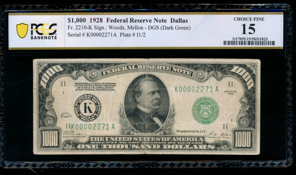 1928 $1000 Dallas FRN PCGS 15: One 1928 $1000 Dallas FRN PCGS 15.