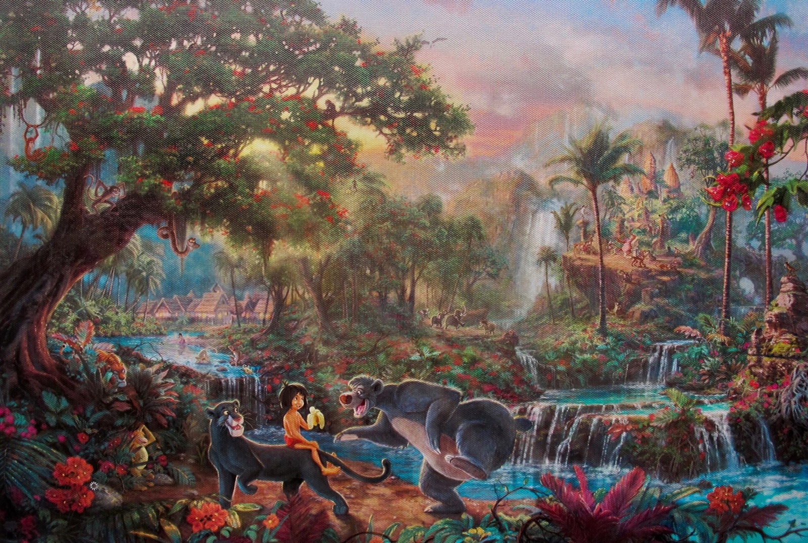 THOMAS KINKADE The Jungle Book Giclee on Canvas: This is a reproduction giclee on canvas by Thomas Kinkade titled Jungle Book Measures: 12 inches x 18 inches. Beautiful rich colors! Comes unframed, un-stretched. Excellent condition!