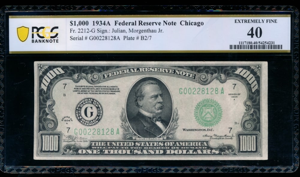 1934A $1000 Chicago FRN PCGS 40: One 1934A $1000 Chicago FRN PCGS 40.